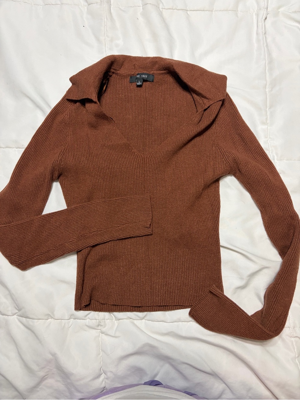 Love Tree Ribbed V-Neck Sweater — Rust Brown